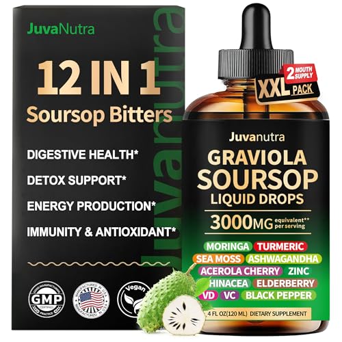 JuvaNutra (4 Fl Oz) Soursop Bitters Liquid Drops 12 in 1 with Sea Moss, Moringa, Turmeric, Echinacea & Ashwagandha Extract - Herbal Tonic for Digestive Wellness & Immune Support