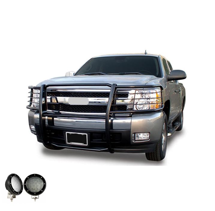 Image of Black Horse Grille brush Bumper Guard Modular Black Come with Pair of 5.3 inch Dia.LED Lights with Black Trim Rings Compatible with 2014-2018 Chevrolet Silverado 1500-17GT27MA-PLFB