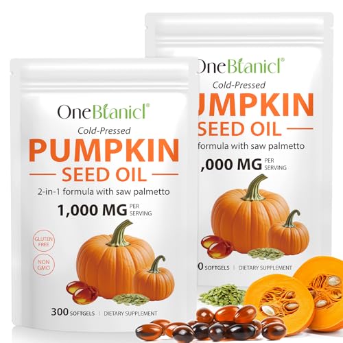 Paquete de 2 cápsulas de aceite de semilla de calabaza, 600 cápsulas blandas de extracto de semilla de calabaza | Aceite de semilla de calabaza 2 en 1 para el crecimiento del cabello, prensado en frío