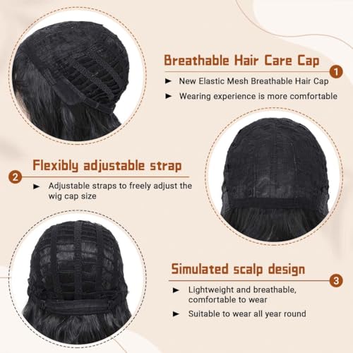 Image of Pastel Black Wavy Bob Wig for Women, Short Shoulder Length Synthetic Wig with Bangs, Natural Looking Lightweight Hairpiece for Daily Wear & Cosplay Costume Party