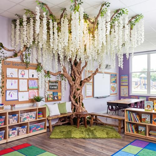 XunYee 3D Wisteria Tree Classroom Tree Wall Decor for Room Ceiling Artificial Wisteria Hanging Garland Vine Cardboard Paper for Fairy Forest Back to School Bulletin Board Decoration DIY(White)