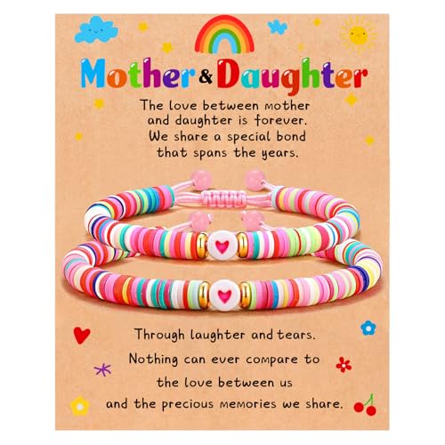 GLITTO Mother Daughter Bracelet 2 Pcs Matching Mom Mommy Daughter Heart Bracelets Jewelry Presents Set Valentines Mothers Day Christmas Gifts for Her Kids Little Teen Toddler Girls (Colorful)
