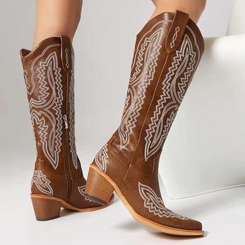 Image of Knee High Cowboy Boots Women Western Embroidered Cowgirl Boot Pointed Toe Chunky Heel Pull On Side Zipper