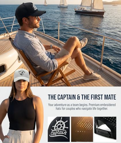 Image of Captain and First Mate Hat, Embroidered Trucker Hats for Couples | Adjustable Snapback Nautical Boating Gift for Men Women
