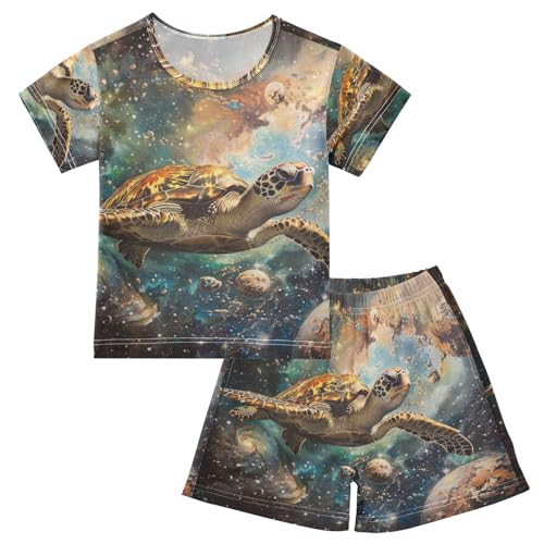 ALAZA Turtle in Space Pajama Set Short Sleeve Sleepwear Soft Lounge Nightwear