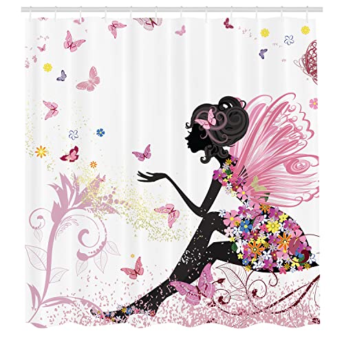 Ambesonne Fashion Shower Curtain, Fairy Girl With Wings In A Floral Fantasy Garden Theme Flying Butterflies Printed, Cloth Fabric Bathroom Decor For Playroom Set With Hooks, 69" W X 70" L, Pink White #TOP1