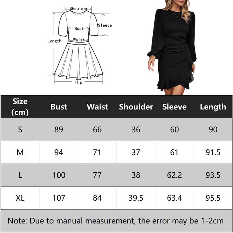 Vestito Donna Elegante Maniche Lunghe Aderente Mini Abito da Sera con Orlo Irregolare a Coda di Pesce Sexy Tubino Bodycon Dress per Business Formale Lavoro Cerimonia Cocktail Party Festa