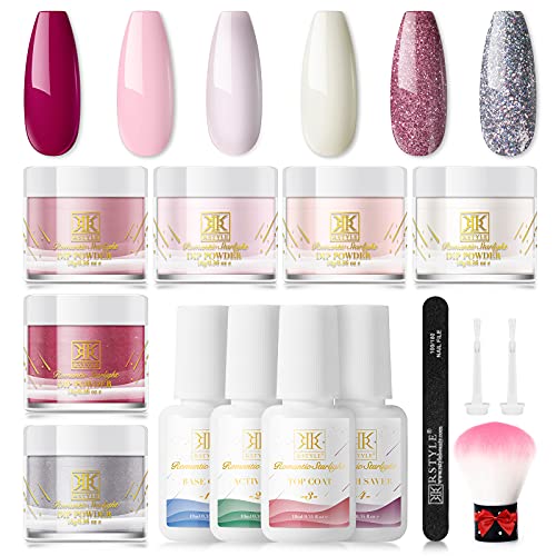 RSTYLE Nail Dip Powder Kit, Dip Powder Nail Kit Starter 6 Dip Powder Colors with Dip Powder Liquid System Essential Kit No UV/LED Lamp Needed for Manicure Nail Art Set Travel Party