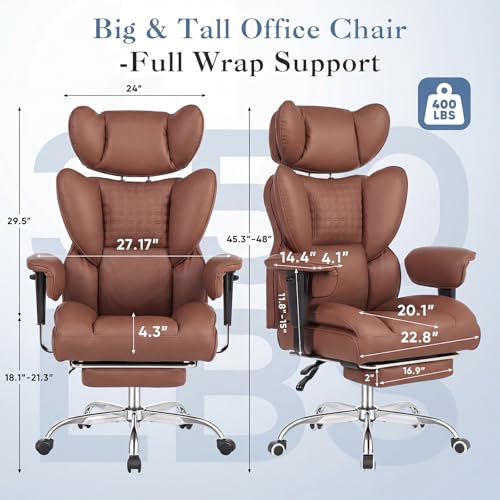 Image of DUMOS Big and Tall Home Office Desk Chair, Ergonomic Executive Chair with Footrest, Computer Gaming Chairs with High Back Reclining, Adjustable Armrests and Comfy Lumbar Support, PU Leather, Brown