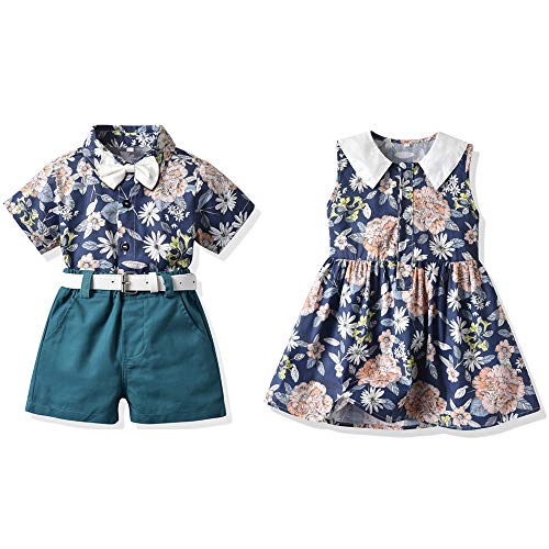 FAXSON Baby Boys Girls Brother and Sister Matching Outfits Clothes Floral Gentleman Shorts Set(Blue boy 120/5T)