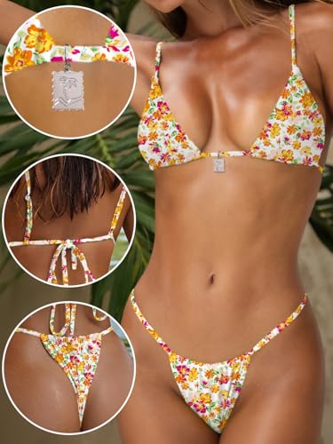 Image of OWICA Women's Sexy Triangle Bikini Sets Cheeky Thong Swimsuit Adjustable Spaghetti Straps Bathing Suit