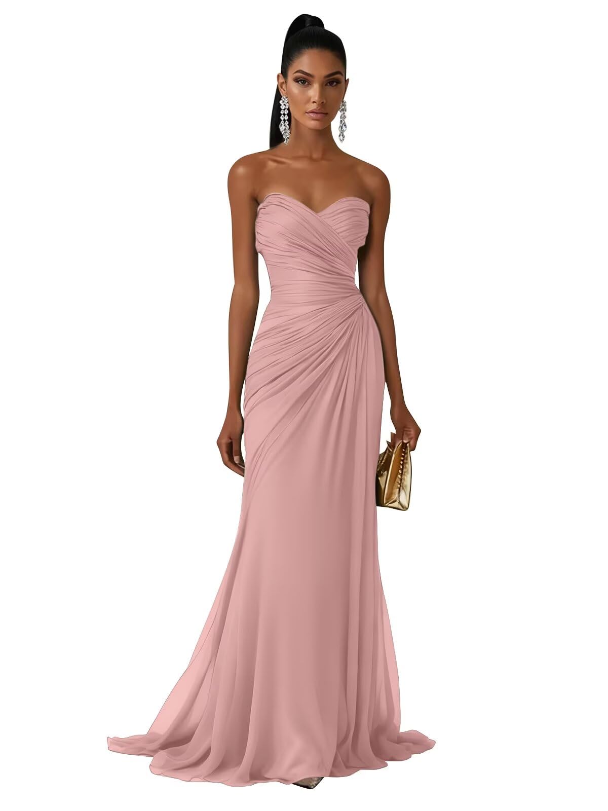 Strapless Mermaid Prom Dresses for Women Long Chiffon Bridesmaid Dresses Pleated Formal Evening Party Gown