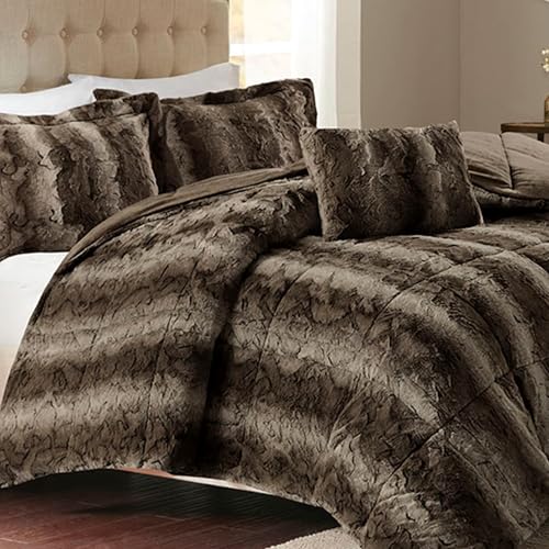 Madison Park Zuri Soft Plush Comforter Set, Faux Fur Animal Stripes Design, Faux Mink On The Reverse, Modern All Season Bedding Set with Matching Sham, King, Brown 4 Piece,Chocolate