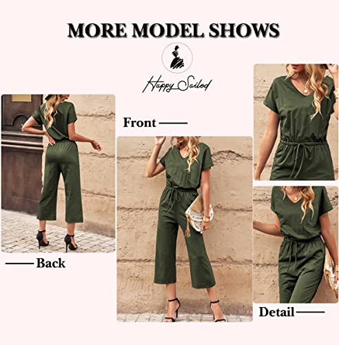 Happy Sailed Womens Wide Leg Jumpsuit Casual Loose Solid Color Romper Drawstring Tie Waist Overall Jumpsuit With Pockets Green Large #TOP3