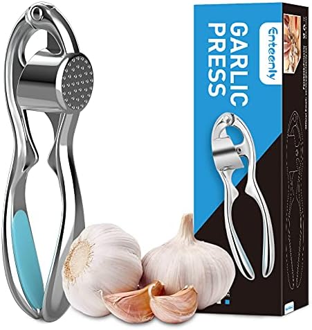 Garlic Press, Enteenly Garlic Mincer, Stainless Steel Grinder Garlic Press Crusher with Silicone Garlic Peeler & Clean Brush, Professional Squeezer Masher Kitchen Mincer Tool