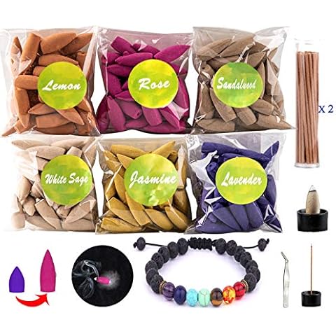Backflow Incense Cones 180 Incense Cones 60 Incense Sticks 6 Mixed Fragrance Cone Incense Long Lasting Incense Cone with Chakra Bracelet,tweezer,Incense Holder,Fireproof mat Cover