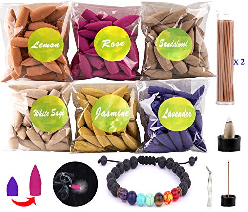 Backflow Incense Cones 180 Incense Cones 60 Incense Sticks 6 Mixed Fragrance Cone Incense Long Lasting Incense Cone with Chakra Bracelet,tweezer,Incense Holder,Fireproof mat