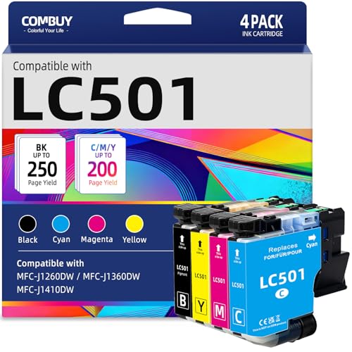 Image of COMBUY LC501 Ink Cartridges 4-Pack Compatible for Brother LC501 LC 501 LC501XL Ink Cartridges LC501BK LC501C LC501M LC501Y use with Brother MFCJ1360dw MFC-J1360DW MFC-J1260DW MFC-J1410DW Printers