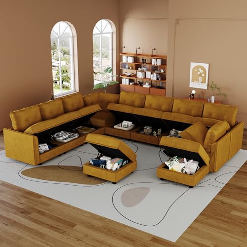 Image of LLappuil 11-Seat Modular Sectional Sofa with Storage, Oversized V-Shaped Corduroy Couch with 10 Throw Pillows, Pet-Friendly Convertible Pit Sofa for Large Living Room, Skin-Friendly, Yellow