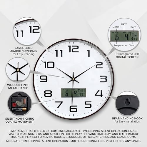 Image of RANDOM Premium Wall Clock, Black Plastic Frame, Gold 3D Numbers, 32 cm, Silent Sweep, HD Reinforced Glass (Digital Brown)