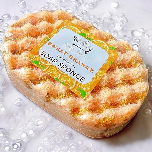 Sweet Orange Exfoliating Soap Sponge | Shower Soap | Soap Filled Sponge | Shower Puff | Exfoliating Body Wash | Tan Remover & Body Scrub | Valentine's & Mother's Day Gifts | Stocking Fillers
