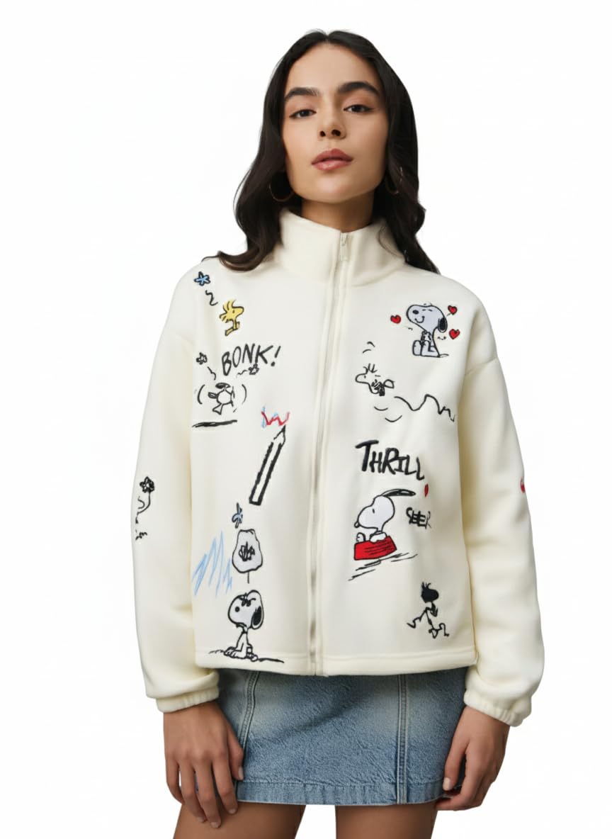 the souled store Peanuts: Thrill Seeker Women and Girls Full Sleeves Mock Neck Off White Graphic Embroidered Polyester Oversized Fit Lightweight Winter Jacket-picture-42