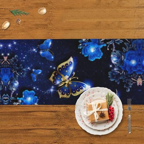 Chemin de table macramé bleu papillon avec pompons faits main 100% coton - 6