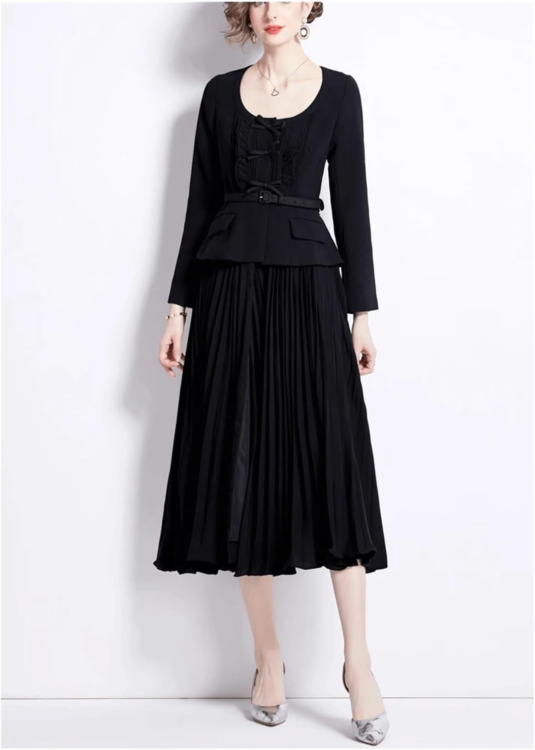 Spring Dresses Retro Professional Wear Pleated Black Vestidos Elegant Midi Party Casual Dress Women