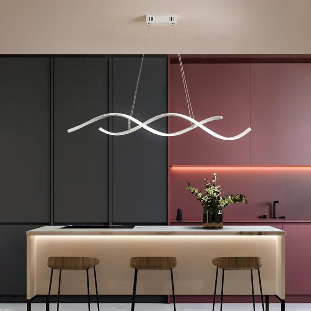 Lampadario LED Moderno 54W Dimmerabile con Telecomando | Luce Calda Naturale Fredda 3000K–6400K | Design Ondulato Regolabile Bianco/Nero | Sospensione Elegante per Cucina Sala Soggiorno (Bianco)