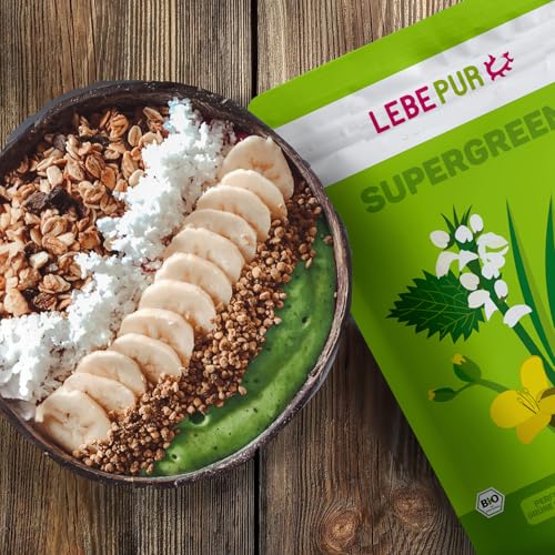 Lebepur BIO SUPER GREEN Pulver 500g - Pflanzenpulver mit Gerstengras, Weizengras, Spinat, Brennnessel, Grünkohl Chlorella und Spirulina - für Green Smoothie geeignet in Rohkostqualität