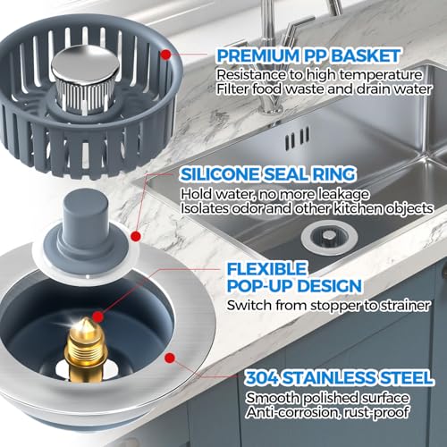 Kitchen Sink Drain Strainer - 2Pack Sink Stopper, Drain Protector, Kitchen Drain Plug & Sink Installation Parts with Anti-Clogging Basket, Fit US Standard 3-1/2'' Sink Drain Hole, Silver