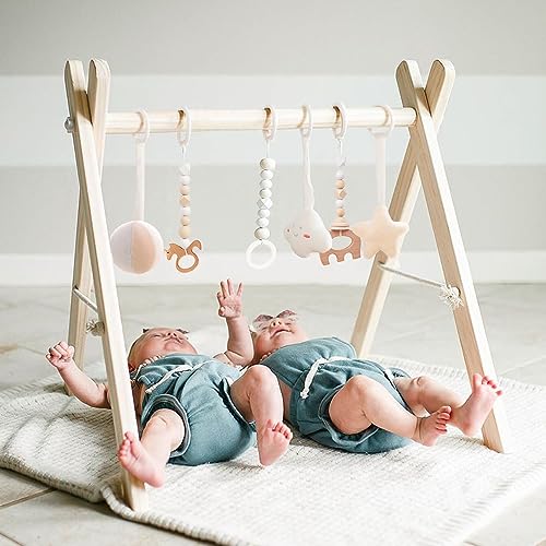 Wooden Baby Gym with 6 Gym Toys, Foldable Baby Play Gym, Natural Pine Wood Play Gym, Frame Activity Center Hanging Bar, Wooden Play Gym