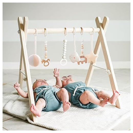 Wooden Baby Gym with 6 Gym Toys, Foldable Baby Play Gym, Natural Pine Wood Play Gym, Frame Activity Center Hanging Bar, Wooden Play Gym