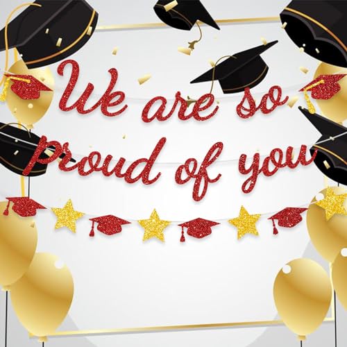 Image of We Are So Proud Of You Banner Graduation Party Decorations Glitter Congratulations Class Grad Ideas Red Gold