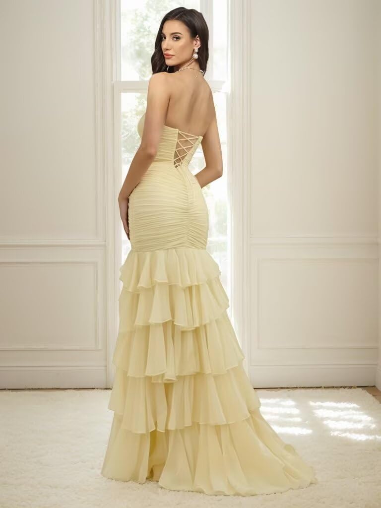 Tiered Ruffles Prom Dresses with Slit for Women Strapless Mermaid Formal Gowns Chiffon Long Evening Party Dress MX14 - Image 6