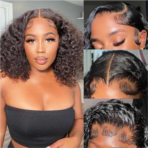 Curly BOB Wig Human Hair 200 Density HD Lace Front Deep Wave 12 Inch