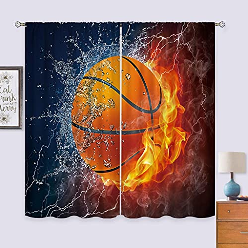 Cinbloo Boys Sports Curtains For Living Room Rod Pocket 52W X 84L Inch Basketball Wall Decor For Men Teens Kids Abstract Thunder Lightning 3D Ball Cool Basketball Bedroom Window Drapes Fabric 2 Panel #TOP6