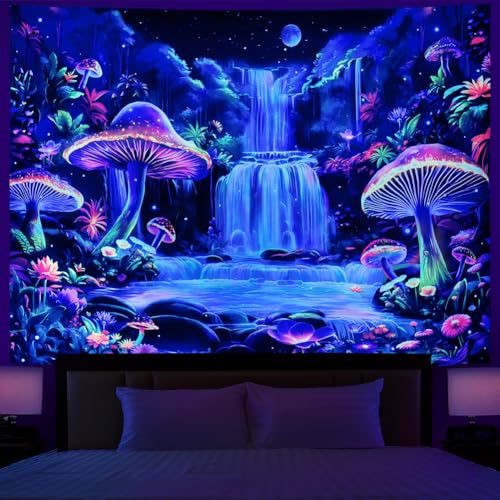 Dermijer Blacklight Tapestry Fantasy Mushroom Forest Tapestry UV Reactive Waterfall Tapestries Moon Night Neon Flower Landscape Wall Hanging for Home Decor L92.5×W70.8