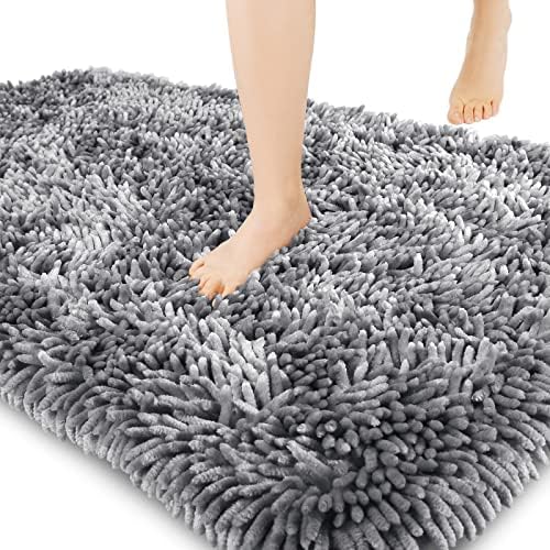 Yimobra Luxury Chenille Bathroom Rug Mat, Extra Soft and Absorbent Shaggy Bath Rugs Non Slip, Machine Washble Dry, Plush Floor Carpet for Tub, Shower, and Bath Room, Light Purple Gray