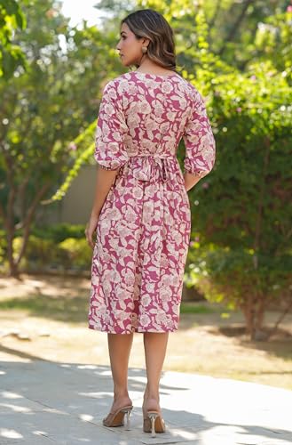 Image of Janasya Women's Cotton Floral Printed Gathered Dress