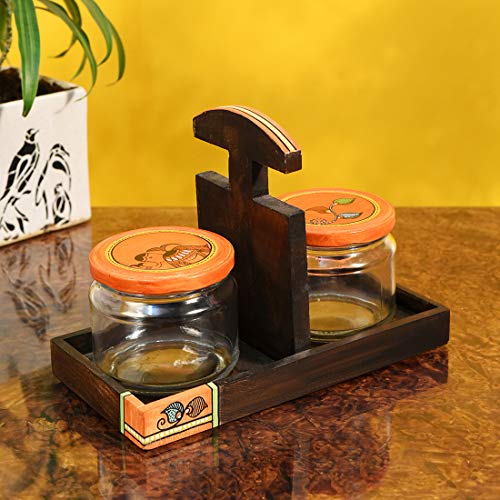 Image of AAKRITI ART CREATIONS Jaar Holder & 2 Glass Jaars | Handcrafted Madhubani Art Storage Jars | Kitchen Decoration Items Stylish Tray & Jars | Kitchen Containers with Tray