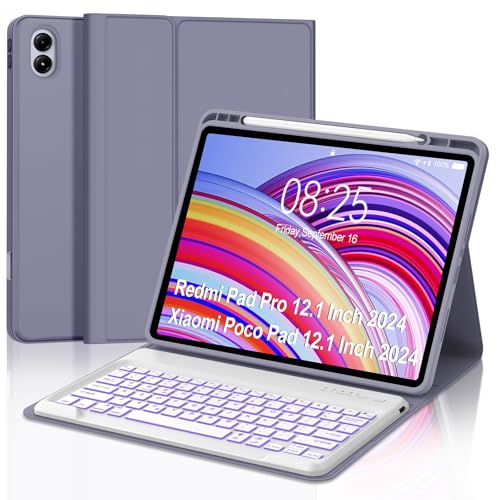 Image of Keyboard Case for Redmi Pad Pro / Xiaomi Poco Pad 12.1 Inch Case with Backlit Keypad, Detachable Wireless Key Board Cover with Pen Holder for Xiaomi Redmi Pro 12.1 inch 2024, 7-Color Backlight, Lavender
