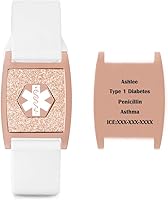 Vista 13 de Pulsera de identificación de alerta médica de 0.709 in, pulsera deportiva de silicona con purpurina de oro rosa, pulsera de concientización