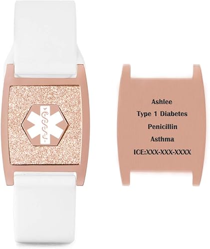 Pulsera de identificación de alerta médica de 0.709 in, pulsera deportiva de silicona con purpurina de oro rosa, pulsera de concientización de