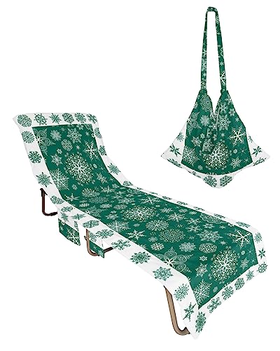 Christmas Green, Beach Lounge Chair Towel Cover, Soft Chaise Lounge Towel with Side Pockets Patio Pool Chairs Cover for Beach/Pool Sunbathing 29x85 Winter Xmas Snowflake Floral Holiday