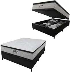 Cama Box Baú Casal Colchão Molas Pocket Ensacadas Tower 138x188x75cm Branco/Preto Gazin - Suporta até 120kg por Pessoa