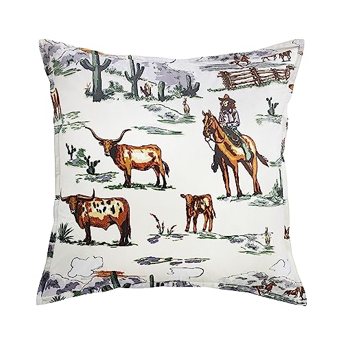 H HIEND ACCENTS Paseo Road Ranch Life Euro Pillow Sham, 27x27 inch, Cowboy Cow Longhorn Horse Print, Southwestern Rustic Western Thhrow Pillow Cover