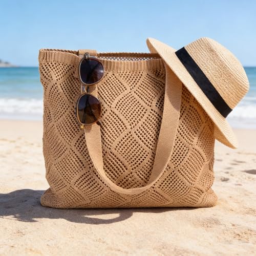 Image of COOKOOKY Lined Crochet Tote Beach Shoulder Bag Women Casual Work Shopping | Lined crochet tote with soft structure, perfect for beach, work, shopping. Roomy & lightweight for daily use.