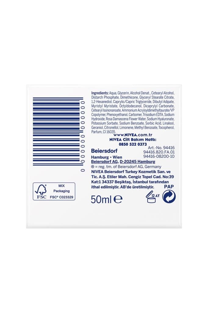 NIVEA Aqua Rose Hyaluron ve Organik Gül Suyu İçeren Nemlendirici Jel Yüz Kremi, 50 ml, 48 Saat Yoğun Nemlendirme, Tüm Cilt Tipleri için, Işıltılı, Pürüzsüz Cilt