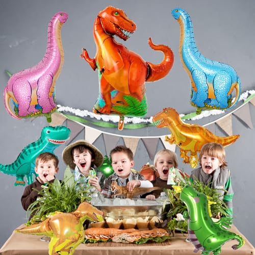 Image of Dinosaur Foil Balloons Set (12-50 in), 7 Pieces Large Dinosaur Aluminum Mylar Balloons for Kids, Giant Cute Birthday Dino Party Decorations for Boys Jungle Dino Theme Baby Shower Decor Supplies